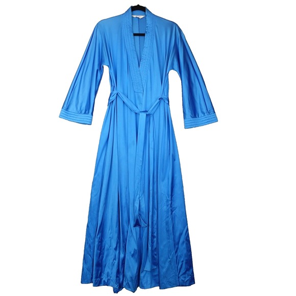 60s Vintage VANITY FAIR Long Robe Womens Small Blue Dressing Gown Satin Glam‎ - Picture 1 of 16